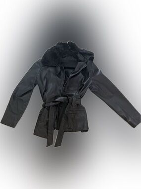 Grayse Black Women's Leather Belted Coat with detachable Fur Collar sz xl runs s